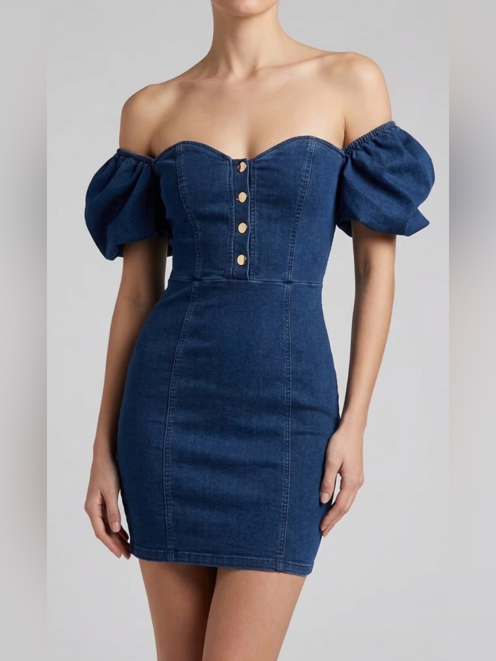 Haute Monde Sweetheart Off-Shoulder Denim Mini Dress in Dark Wash NWT